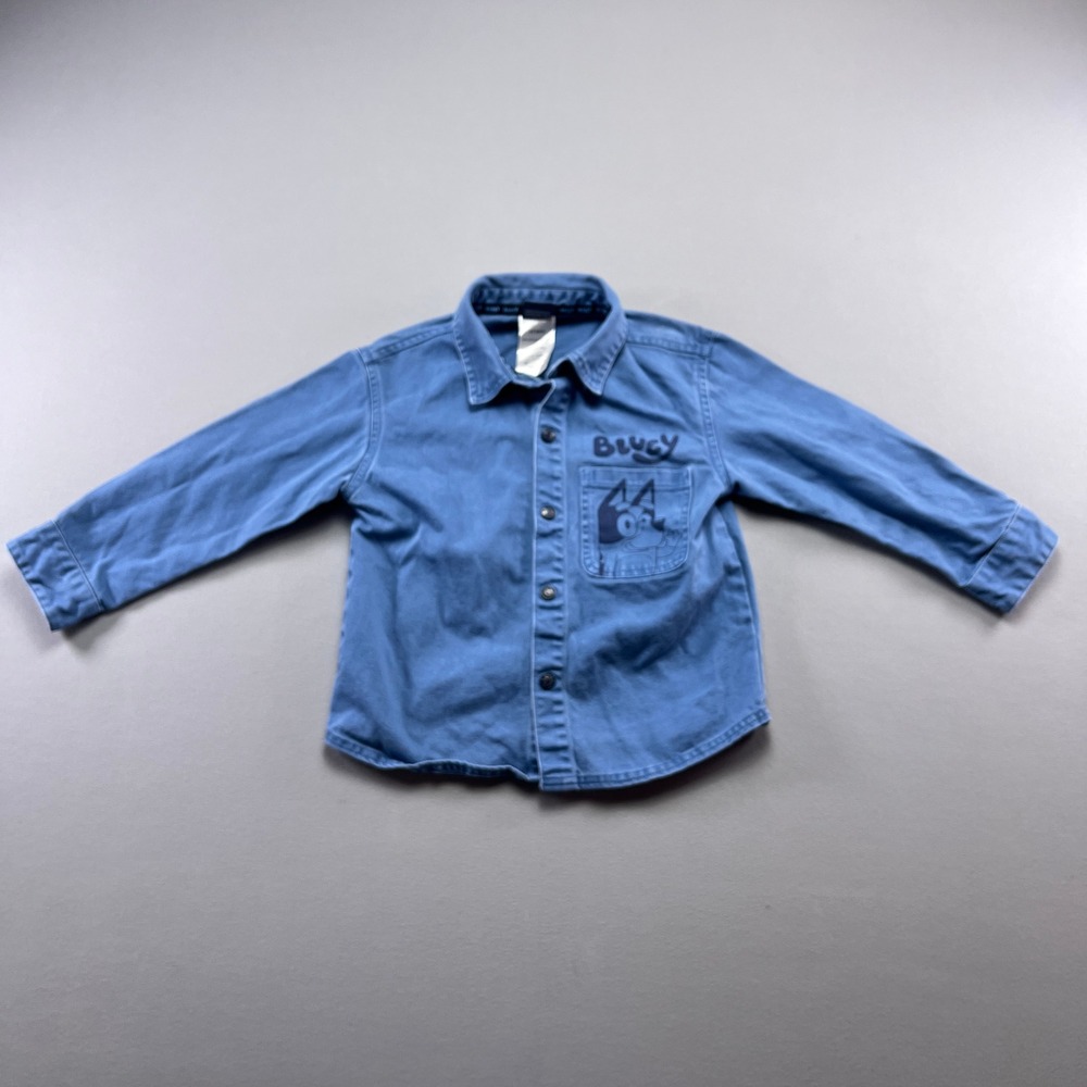 Bluey Shirt Toddler 4T Blue Cotton Fun Character Graphic Long Sleeve Button Up